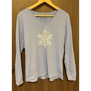 Life Is Good Crusher Vee Shirt Womens L Blue Cotton V-Neck Snowflake Let It Snow